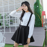 校服套装女学生学院风韩国长袖白衬衫黑色背带裙大码2016春英伦风