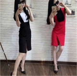 2016新款夏韩版T恤背带两件套裙子包臀显瘦纯色开叉连衣裙中裙女