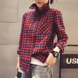 春季韩版学院风红黑小格子百搭修身加厚长袖衬衫外套女短款衬衣bf