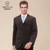 特雷菲斯专柜商品男士新款复古细条纹灯芯绒深咖色西服男外套