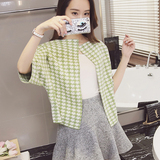2016春季新款韩版女装格子短款五分袖宽松大码针织开衫上衣外套