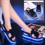 韩版夏女鞋厚底松糕USB充电七彩发光亮灯鞋魔术贴LED灯光凉鞋女潮