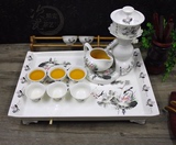手绘荷花牡丹青花瓷半自动茶具套装带茶盘 陶瓷功夫茶具整套 送礼
