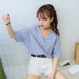 夏季女装韩版宽松显瘦前后v领绑带短袖条纹衬衫休闲学生衬衣上衣