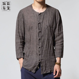 中国风男装七分袖盘扣纯亚麻衬衫男士宽松棉麻料衬衣中式复古上衣