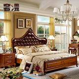 奢漫美式乡村实木床1.8m雕花简约双人床真皮卧室深色高档储物大床
