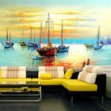 欧式油画地中海帆船立体大型风景壁画纸休闲酒店吧咖啡厅背景墙纸