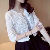 夏季韩版女装七分袖外搭超薄款蕾丝镂空针织开衫女短款小披肩外套