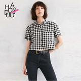 Haoduoyi2016夏新款 学院风经典黑白格子衬衣 百搭短款显瘦衬衫女