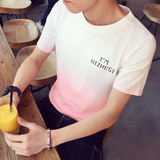 青年圆领渐变短袖T恤男日系复古吊染纯棉大码休闲半袖粉色打底衫