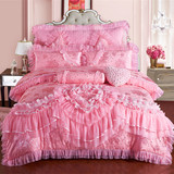 新婚结婚床上用品粉色韩式风公主蕾丝婚庆四件套大红 1.8m床被套