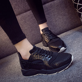 香港IT代购正品2016春季黑色跑步坡跟单鞋舒适蛇皮纹网面运动女鞋