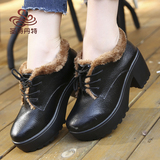 冬季新款黑色加绒粗跟高跟鞋简约英伦复古深口皮鞋女保暖休闲鞋