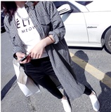 2016春装新款韩版BF风学生宽松显瘦棉麻格子衬衫中长款衬衣外套女