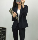 小西装外套女秋2015韩版大码竖条纹显瘦职业西服西裤两件套装
