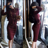 香港代购2015新品套装两件套裙长袖针织中长款小香风包臀连衣裙女