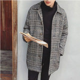 冬季日系复古男士加厚格子毛呢大衣潮韩版青年时髦中长款呢子外套