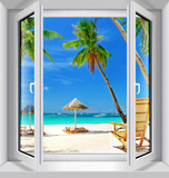 新款墙贴 假窗装饰贴 假窗贴 3D立体墙贴 碧水蓝天 椰树沙滩 休闲