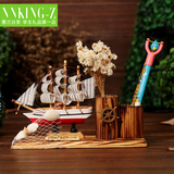 包邮地中海渔网贝壳帆船模型创意木质装饰品笔筒摆件一帆风顺批发