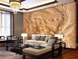 3D立体中式浮雕孔雀凤凰牡丹花电视背景墙壁纸无缝大型壁画布沙发