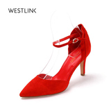 Westlink/西遇2016春季新款  羊反绒尖头细高跟一字扣中空女鞋