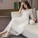 2016夏季新款女装韩版中长款蕾丝拼接网纱裙子修身白色公主连衣裙