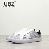 UBZ2016秋季新款韩版星星女板鞋真皮平底亮片系带休闲鞋小白鞋