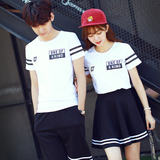 韩版男女上衣学生情侣装夏装2016新款字母简约短袖T恤薄套装班服