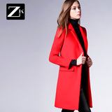ZK旗舰店2016冬装新款女装修身西装领毛呢子大衣外套女中长款加厚