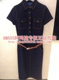 阿玛施专柜正品代购春款深蓝附腰带长袖连衣裙1001-500320-228022