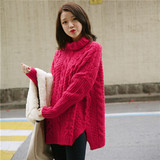 秋冬季韩版新款加厚红色时尚麻花高领毛衣女宽松套头中长款针织衫