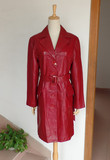 清仓特价外贸原单装绵羊皮时尚修身西装领长款红色真皮外套皮大衣