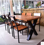 定制 北欧美式乡村仿古做旧实木餐桌椅铁艺会议桌长方形复古餐桌