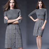 欧洲站2015秋装新款女装时尚羊毛针织衫上衣+高腰铅笔裙两件套装