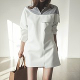 正品韩国代购女装2016春新款 Mlove人造皮革拼接时尚连衣裙