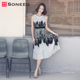 Soneed韩版2016夏装新款女装修身豹纹印花无袖长款连衣裙UE5434皛