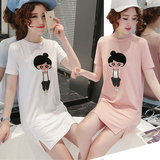 韩国代购2016夏装新款莫代尔T恤女圆领中长款短袖宽松开叉简约范