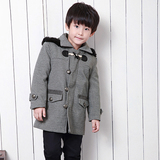 2016冬季新款男童韩版时尚条纹帽子呢子大衣 儿童帅气呢子外套