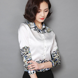 2016春季新品韩版女装通勤气质OL印花衬衫长袖中长款职业打底衬衣