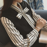 2016春装新款韩版时尚蝴蝶结系带V领毛绒拼接假两件衬衫长袖女装