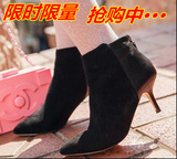 名媛风秋冬新款欧美时尚羊皮尖头中跟细跟短靴女靴子裸靴马丁靴