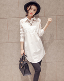 韩国内搭宽松大码休闲中长款白衬衫女长袖镂空蕾丝性感潮大款衬衣