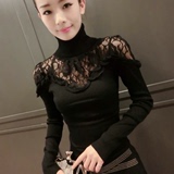 韩国代购2016秋季高领套头蕾丝镂空修身显瘦毛衣百搭针织打底衫女