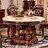 欧式餐桌实木客厅高档天然大理石圆桌橡木雕花双层圆形餐桌台饭桌