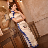 上海滩丝绸旗袍长款改良优雅复古日常礼服连衣裙高端定制蓝山水1