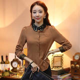 女衬衫长袖职业春季韩版新品显瘦修身蕾丝娃娃领大码工服雪纺衬衣