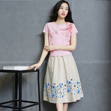 韩版2016夏季新款女装中长款两件套棉麻连衣裙修身时尚套装打底裙