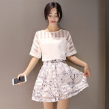 2016夏装新款短袖短裙两件套韩版雪纺休闲印花裙子少女连衣裙套装