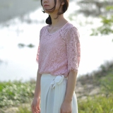 COOIDGE独家定制 藕粉色蕾丝上衣女夏五分袖韩版镂空蕾丝衫两件套