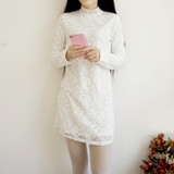 2015冬女装高领加绒加厚白色气质修身显瘦A字打底蕾丝连衣裙韩国